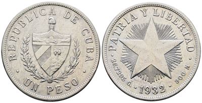 Cuba. 1 Peso 1932. Km 15; Ag; 26,72gr
