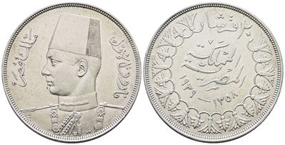 Egitto. Faruk (1936-1952). 20 Piastre 1939. Km 368; Ag; 28gr