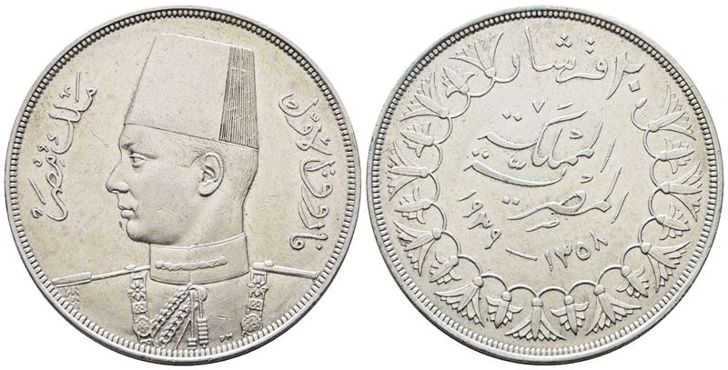 Egitto. Faruk (1936-1952). 20 Piastre 1939. Km 368; Ag; 28gr