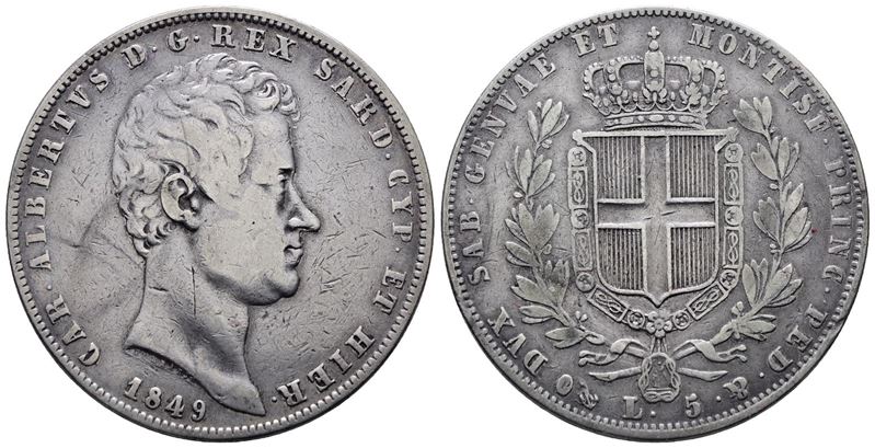 Regno di Sardegna. Genova. Carlo Alberto (1831-1849). 5 Lire 1849. Gig. 89. Ag; 25gr