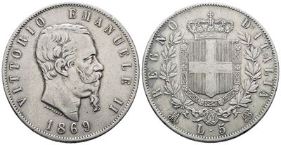Regno D'italia. Milano. Vittorio Emanuele II (1861-1878). 5 Lire 1869. Gig. 39; Ag; 25gr