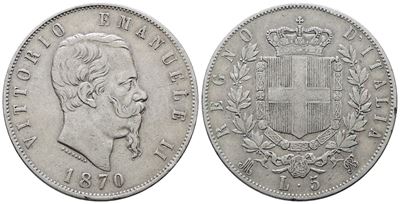 Regno D'italia. Milano. Vittorio Emanuele II (1861-1878). 5 Lire 1870. Gig. 40; Ag; 25gr
