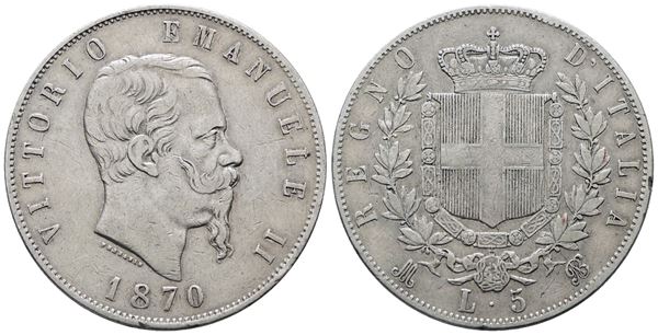 REGNO D'ITALIA. MILANO. Vittorio Emanuele II (1861-1878). 5 lire 1870. Gig. 40; Ag; 25gr