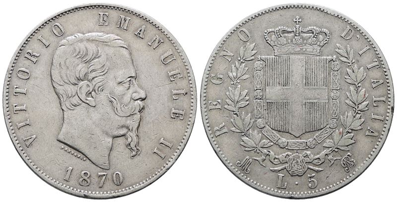 Regno D'italia. Milano. Vittorio Emanuele II (1861-1878). 5 Lire 1870. Gig. 40; Ag; 25gr