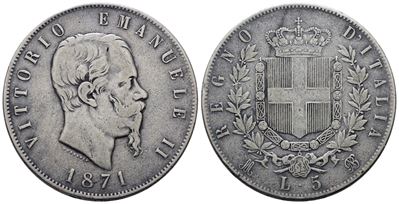 Regno D'italia. Milano. Vittorio Emanuele II (1861-1878). 5 Lire 1871. Gig. 42; Ag; 25gr