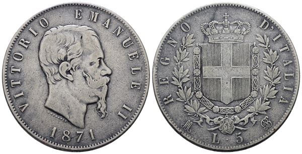 REGNO D'ITALIA. MILANO. Vittorio Emanuele II (1861-1878). 5 lire 1871. Gig. 42; Ag; 25gr