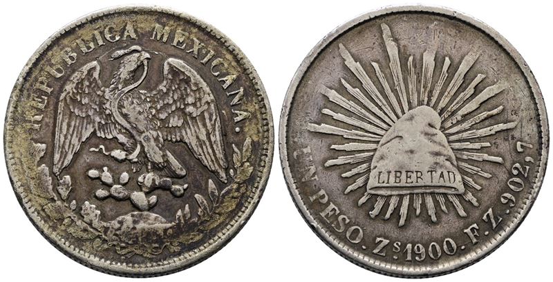Messico. Zacatecas. 1 Peso 1900. Km409; Ag; 26,92gr
