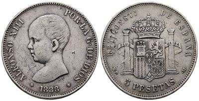 Spagna. Alfonso XIII (1886-1931). 5 Pesetas 1888. Km 689; Ag; 25gr