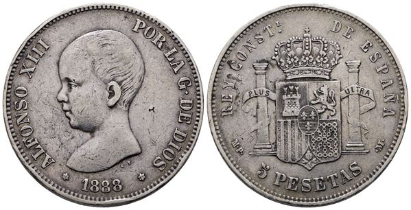 SPAGNA. Alfonso XIII (1886-1931). 5 pesetas 1888. KM 689; Ag; 25gr