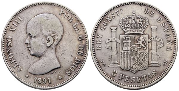 SPAGNA. Alfonso XIII (1886-1931). 5 pesetas 1891. KM 689; Ag; 25gr