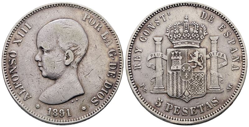 Spagna. Alfonso XIII (1886-1931). 5 Pesetas 1891. Km 689; Ag; 25gr