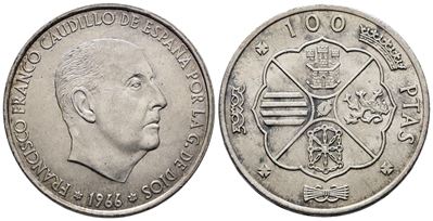 Spagna. 100 Pesetas 1966 (1966). Km 797; Ag; 19gr
