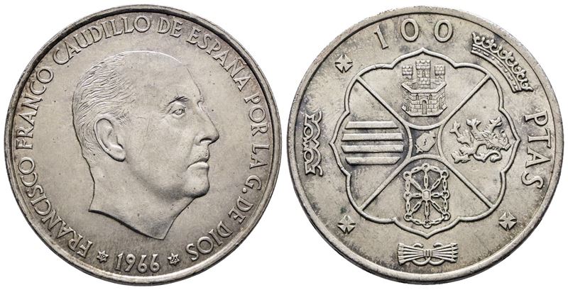 Spagna. 100 Pesetas 1966 (1966). Km 797; Ag; 19gr