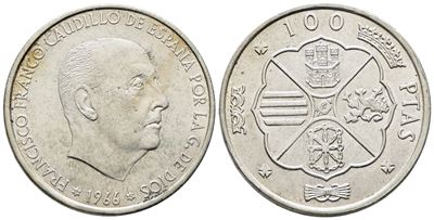 Spagna. 100 Pesetas 1966 (1967). Km 797; Ag; 19gr
