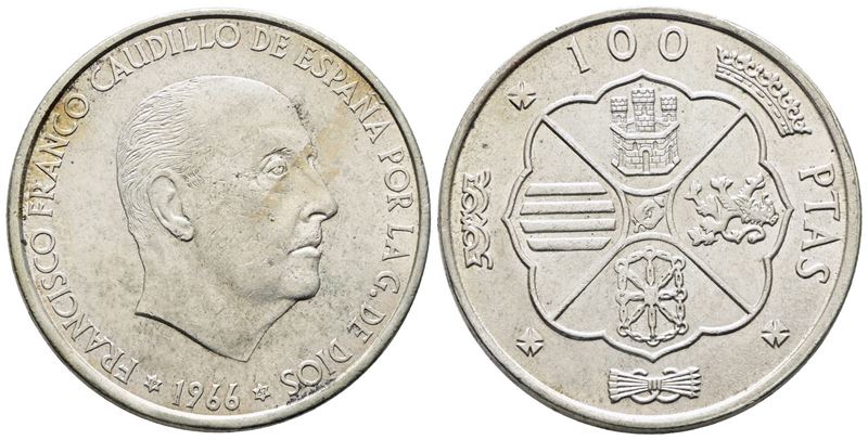 Spagna. 100 Pesetas 1966 (1967). Km 797; Ag; 19gr
