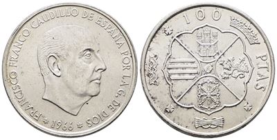 Spagna. 100 Pesetas 1966 (1968). Km 797; Ag; 19gr