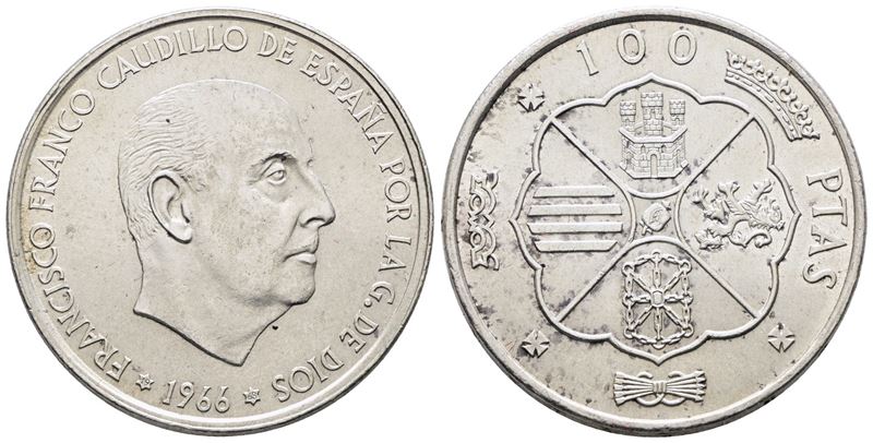 Spagna. 100 Pesetas 1966 (1968). Km 797; Ag; 19gr