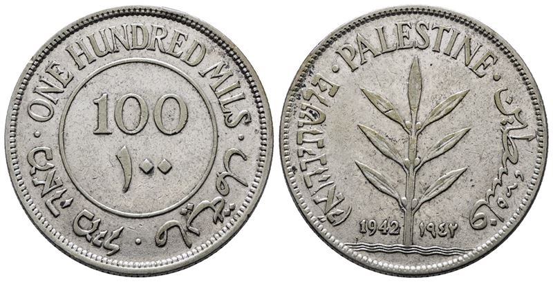 Palestina. 100 Mils 1942. Km 7; Ag; 11,7gr