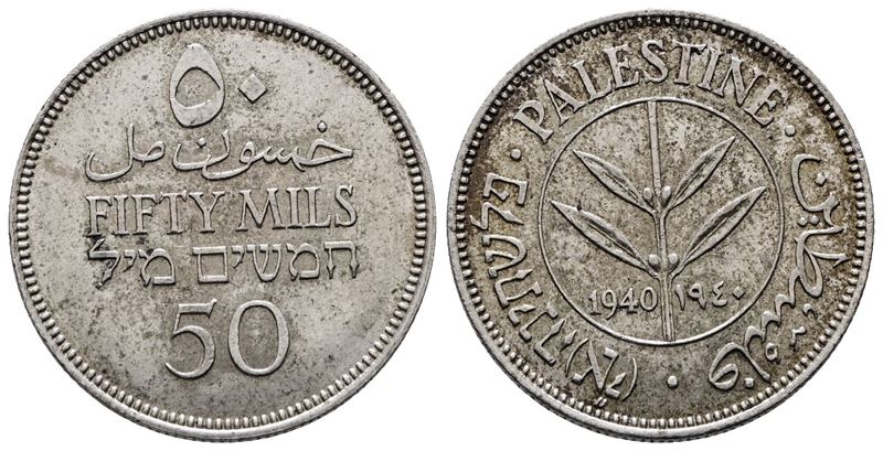 Palestina. 50 Mils 1940. Km 6; Ag; 5,83gr