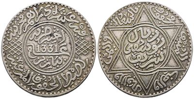 Marocco. 1 Rial - 10 Dirhams 1331 (1913). Y 33; Ag; 25gr
