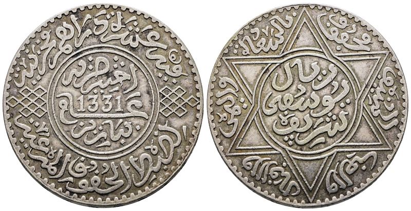 Marocco. 1 Rial - 10 Dirhams 1331 (1913). Y 33; Ag; 25gr
