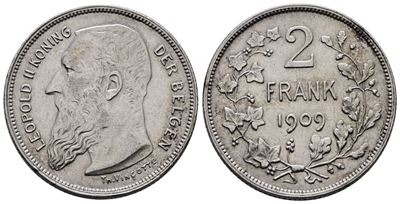 Belgio. Leopoldo II (1865-1909). 2 Franchi 1909. Km 58; Ag; 10gr
