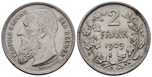 BELGIO. Leopoldo II (1865-1909). 2 franchi 1909. KM 58; Ag; 10gr