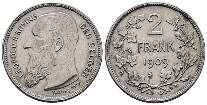 Belgio. Leopoldo II (1865-1909). 2 Franchi 1909. Km 58; Ag; 10gr
