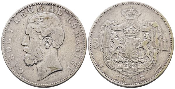 ROMANIA. Carlo I (1881-1914). 5 lei 1883. KM 16; Ag; 25gr