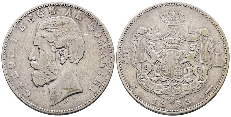 Romania. Carlo i (1881-1914). 5 Lei 1883. Km 16; Ag; 25gr