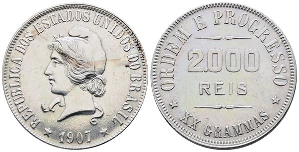 BRASILE. 2000 reis 1907. KM 508; Ag; 20gr