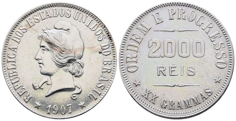 BRASILE. 2000 reis 1907. KM 508; Ag; 20gr. SPL