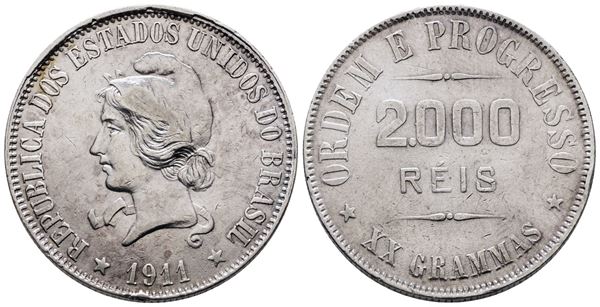BRASILE. 2000 reis 1911. KM 508; Ag; 20gr