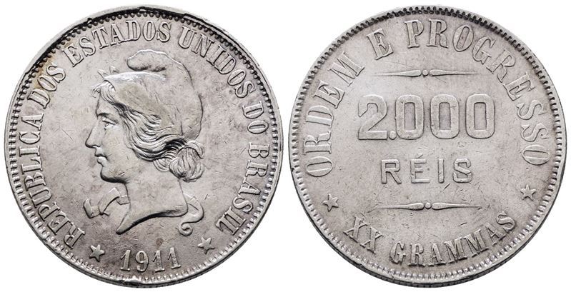 BRASILE. 2000 reis 1911. KM 508; Ag; 20gr. SPL