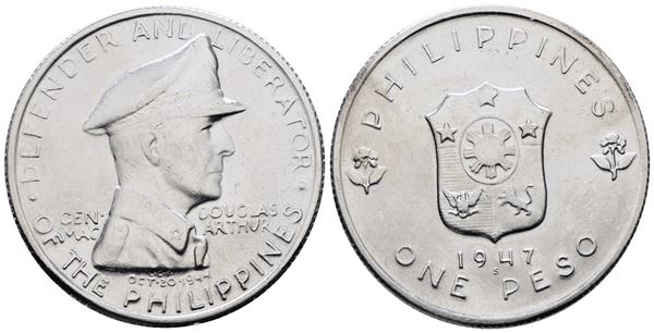 FILIPPINE. 1 peso 1947 "Douglas MacArthur". KM 172; Ag; 20gr