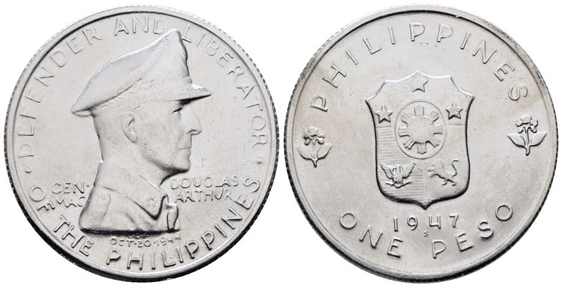 FILIPPINE. 1 peso 1947 "Douglas MacArthur". KM 172; Ag; 20gr. FDC