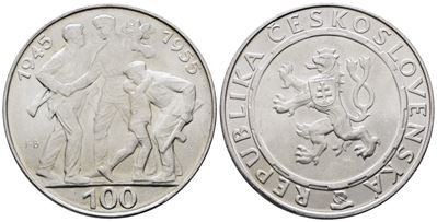 Cecoslovacchia. 100 Corone 1955. per i 10 Anni dalla Liberazione dalla Germania. Km 45; Ag; 24gr