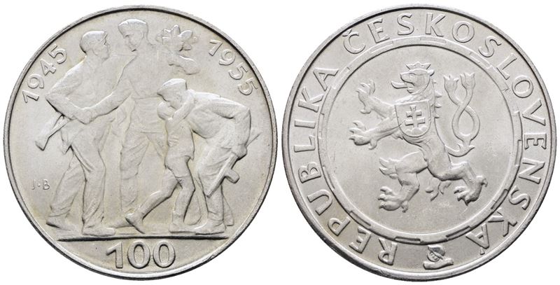 Cecoslovacchia. 100 Corone 1955. per i 10 Anni dalla Liberazione dalla Germania. Km 45; Ag; 24gr