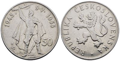 Cecoslovacchia. 50 Corone 1955. per i 10 Anni dalla Liberazione dalla Germania. Km 44; Ag; 20gr