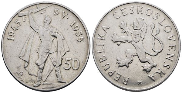 CECOSLOVACCHIA. 50 corone 1955. Per i 10 anni dalla liberazione dalla Germania. KM 44; Ag; 20gr