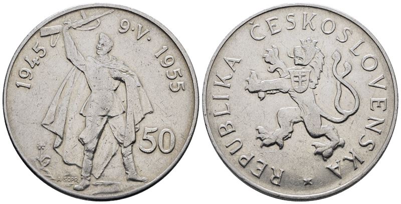 Cecoslovacchia. 50 Corone 1955. per i 10 Anni dalla Liberazione dalla Germania. Km 44; Ag; 20gr