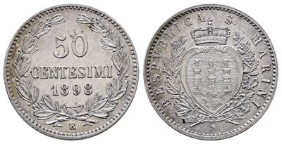 San Marino. Vecchia Monetazione (1864-1938). 50 Centesimi 1898. Gig.29; Ag; 2,5gr