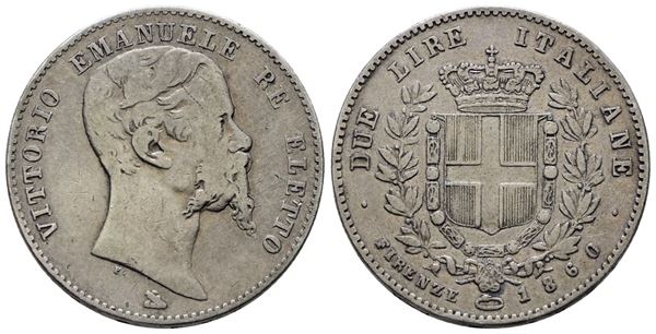 RE ELETTO. FIRENZE. Vittorio Emanuele II (1859-1861). 2 lire 1860. Gig.7; Ag; 10gr