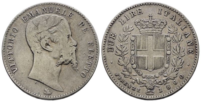 Re Eletto. Firenze. Vittorio Emanuele II (1859-1861). 2 Lire 1860. Gig.7; Ag; 10gr Qbb/bb