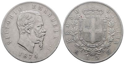 Regno D'italia. Milano. Vittorio Emanuele II (1861-1878). 5 Lire 1874. Gig.48; Ag; 25gr