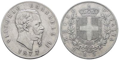 Regno D'italia. Milano. Vittorio Emanuele II (1861-1878). 5 Lire 1877. Gig.52; Ag; 25gr