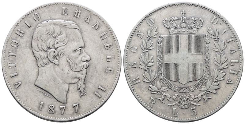 Regno D'italia. Milano. Vittorio Emanuele II (1861-1878). 5 Lire 1877. Gig.52; Ag; 25gr