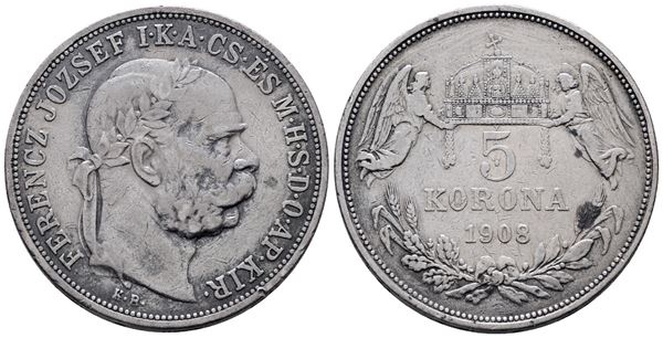 AUSTRIA. Francesco Giuseppe (1848-1916). 5 corone 1908. KM 2807; Ag; 24gr.; Graffietti al rov