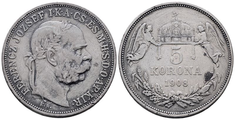 AUSTRIA. Francesco Giuseppe (1848-1916). 5 corone 1908. KM 2807; Ag; 24gr.; Graffietti al rov