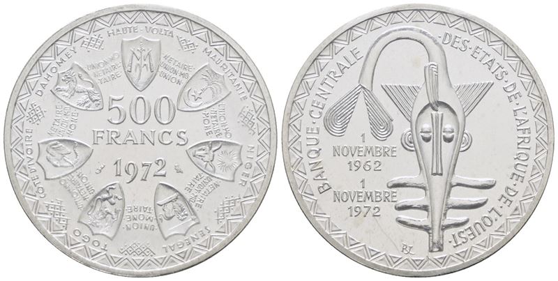 AFRICA OCCIDENTALE CFA. 500 franchi 1972, KM E7; Ag; 25gr. FDC